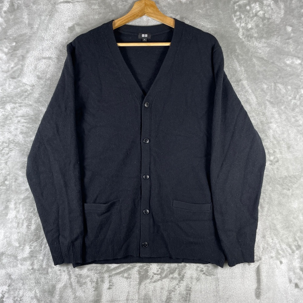 Uniqlo Wool Cashmere Cardigan Mens XL Black V-Neck Button Up Knit Sweater